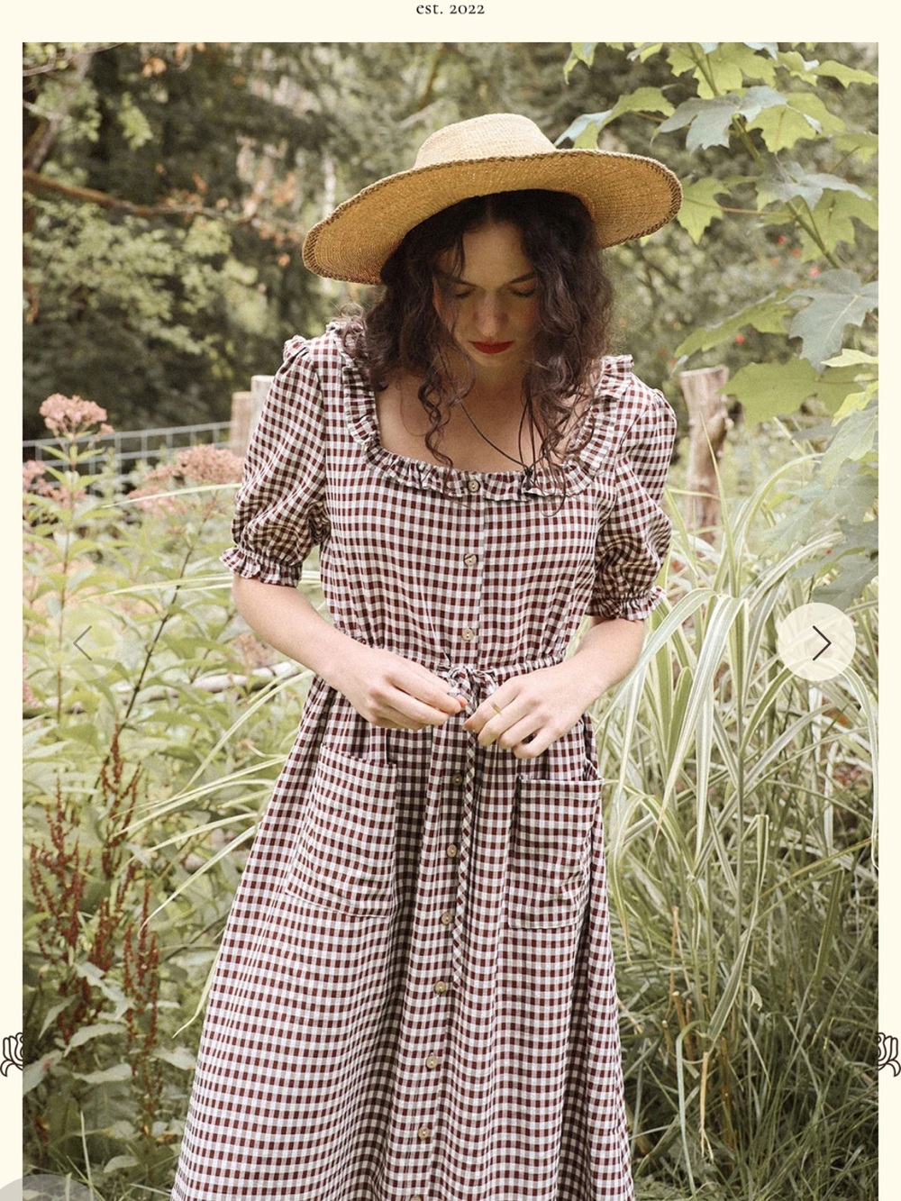 Gingham Square-Neck Midi Dress with Puff Sleeves - Brown